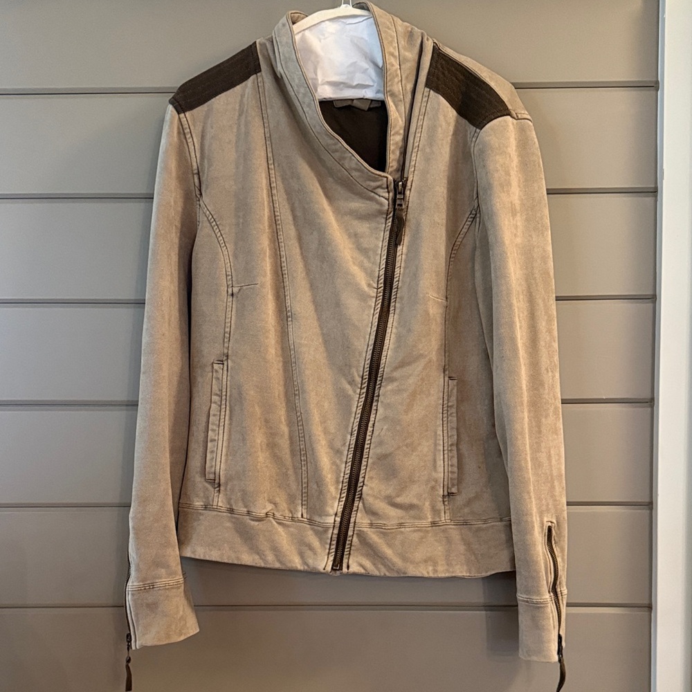 Women's tan/  Taupe Asymmetrical Zip Jacket faux suede
